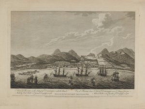 Uitzicht op Roseau op het eiland Dominique, met de aanval van 1760 door Lord Rollo en Sir James Douglas, 1760, gegraveerd door Benazech, gepubliceerd 1761